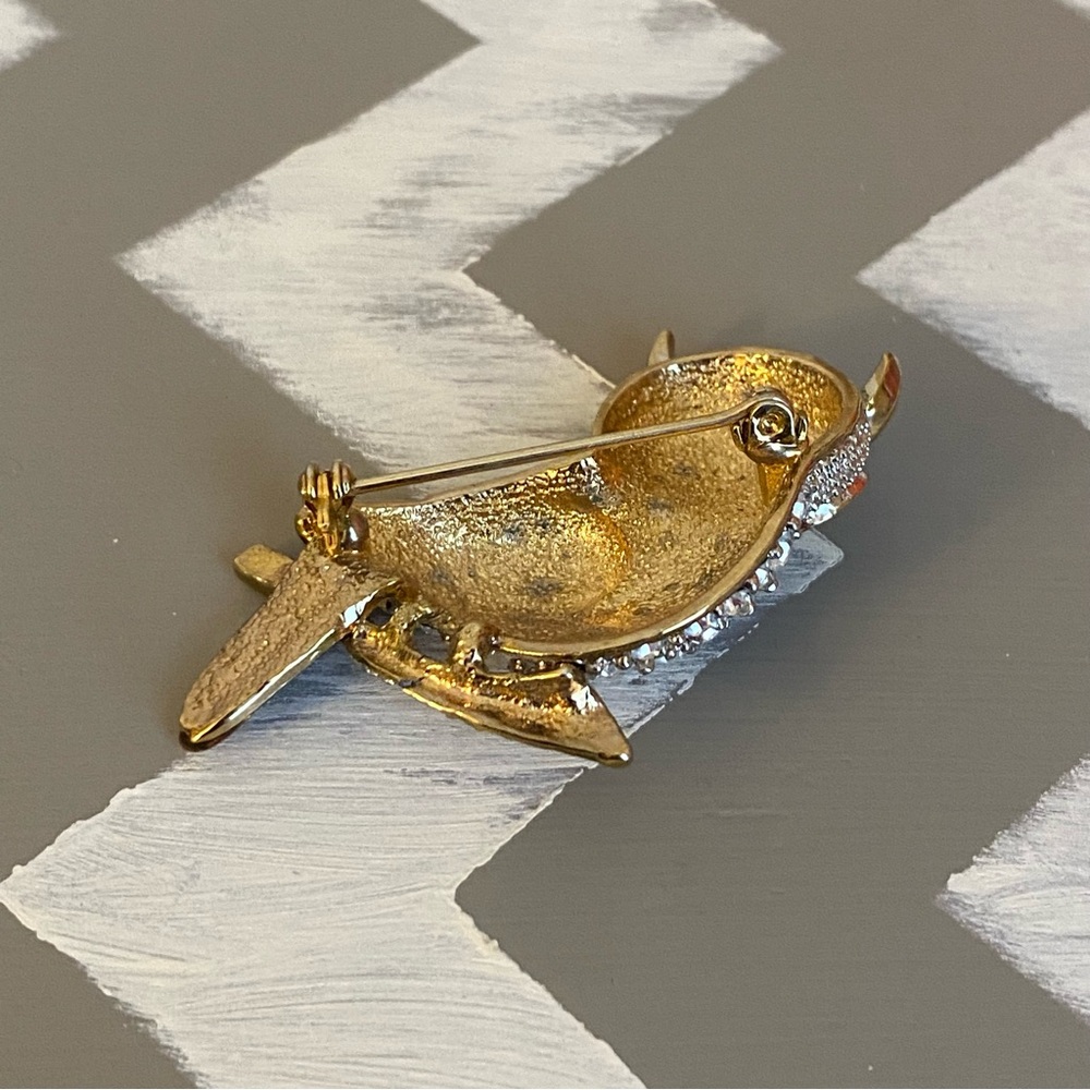 Vintage Gold Tone Owl Brooch | Rhinestone Body & Amber Enamel Wings - Picture 7 of 10